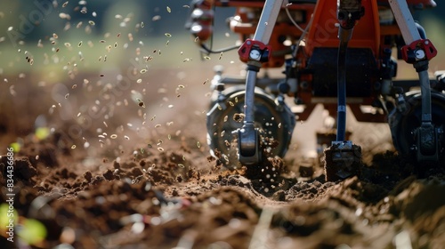 A precision planting machine carefully placing seeds into rich soil with millimeter accuracy. photo