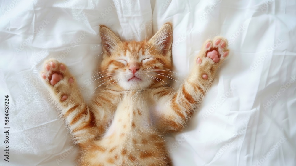 Ginger cat in bed on a white blanket. Relaxing and happy morning. Ginger cat in bed on a white blanket. Relaxing and happy morning.