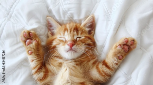 Ginger cat in bed on a white blanket. Relaxing and happy morning.