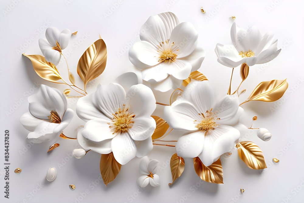 White flowers with golden leaves on white background. White and golden luxury 3d floral background White flowers with golden leaves on white background. White and golden luxury 3d floral background