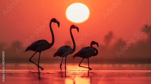 Greater Flamingos silhouette during morning sunrise. Generative Ai photo