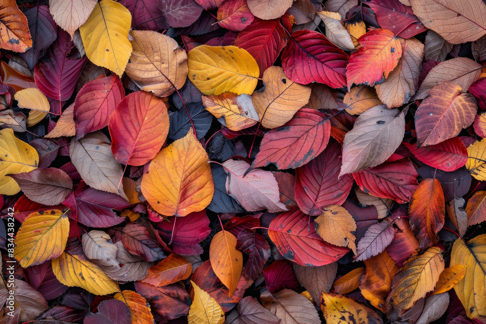 A thick layer of autumn leaves in various stages of color change, filling the entire frame. The leaves exhibit rich hues of red, orange, yellow, and brown. A thick layer of autumn leaves in various stages of color change, filling the entire frame. The leaves exhibit rich hues of red, orange, yellow, and brown.