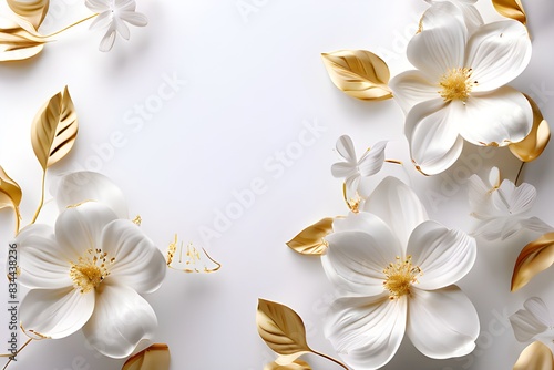 White flowers with golden leaves on white background. White and golden luxury 3d floral background