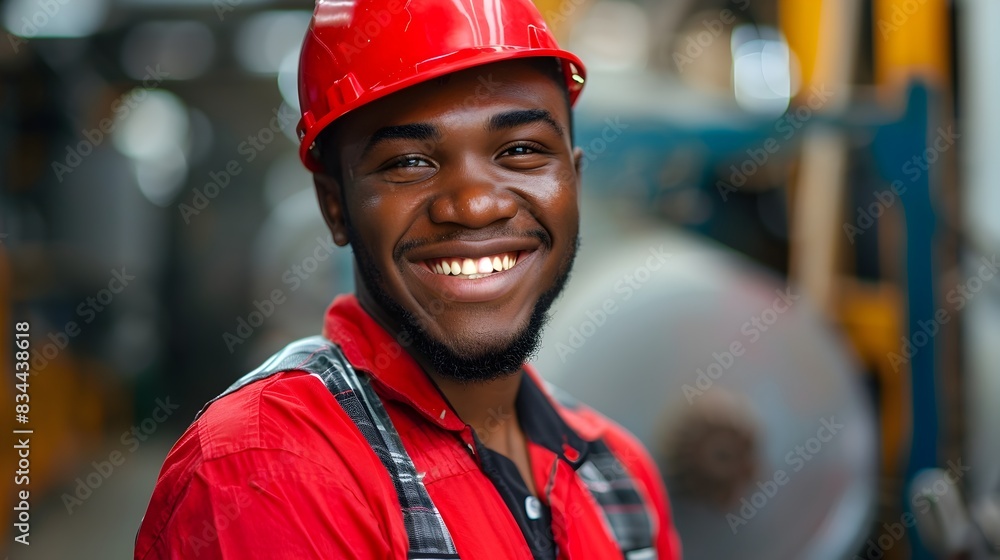 Cheerful African Manual Worker Wearing Safety Helmet and Overalls at Construction Site Cheerful African Manual Worker Wearing Safety Helmet and Overalls at Construction Site