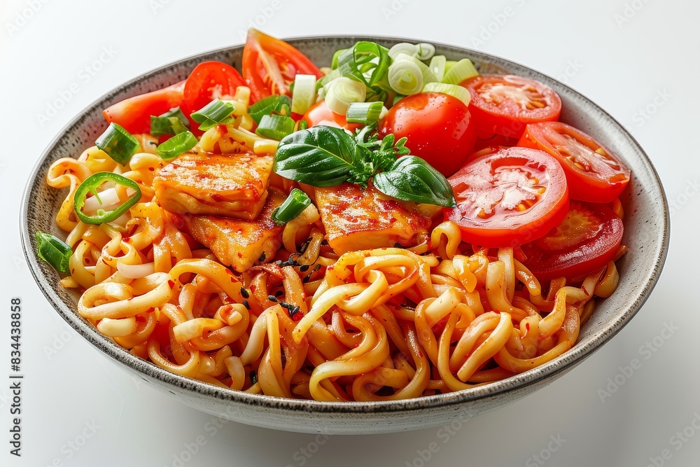Top view of Malaysian mee goreng isolated on white background showcases its vibrant colors and tempting presentation Top view of Malaysian mee goreng isolated on white background showcases its vibrant colors and tempting presentation