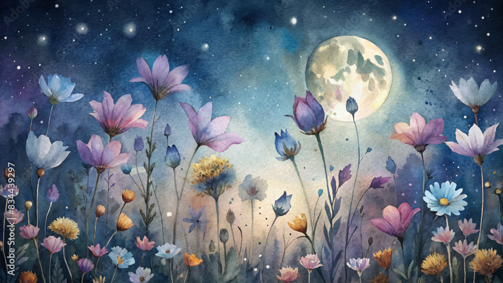 Watercolor background of moonlit wildflowers Watercolor background of moonlit wildflowers