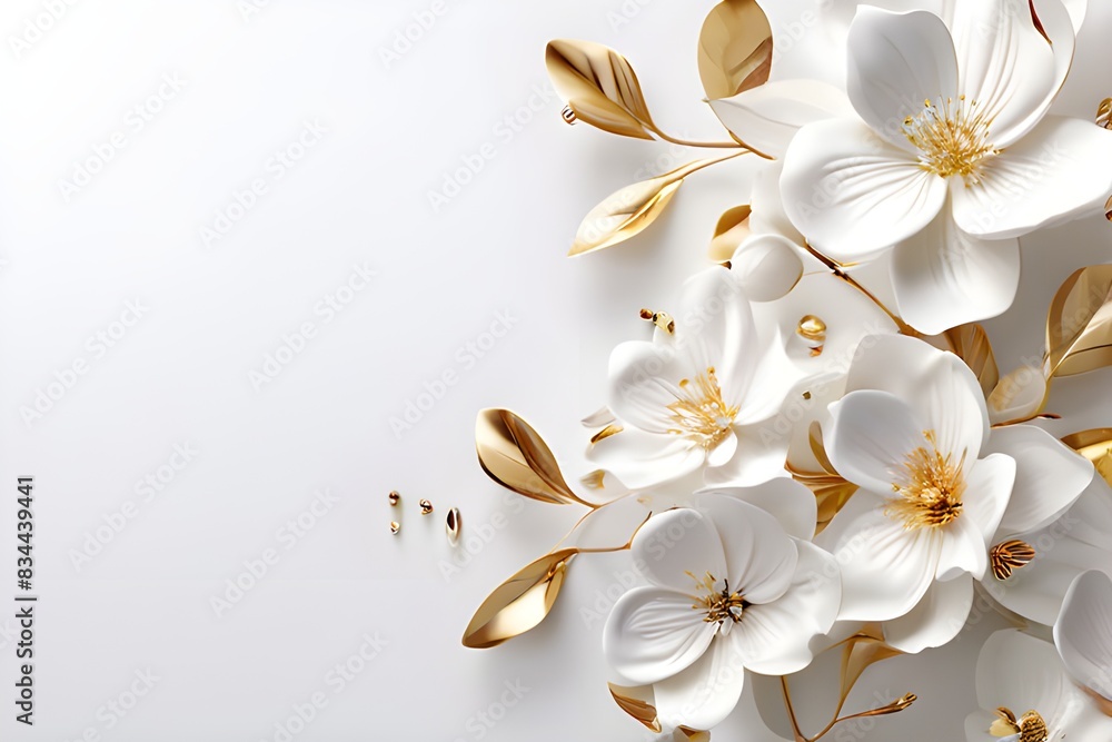 White flowers with golden leaves on white background. White and golden luxury 3d floral background White flowers with golden leaves on white background. White and golden luxury 3d floral background