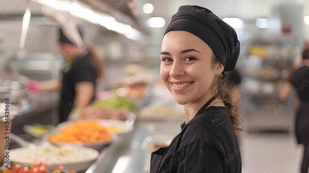 Cheerful Young Cafeteria Worker Smiling at in Commercial Kitchen Setting Cheerful Young Cafeteria Worker Smiling at in Commercial Kitchen Setting