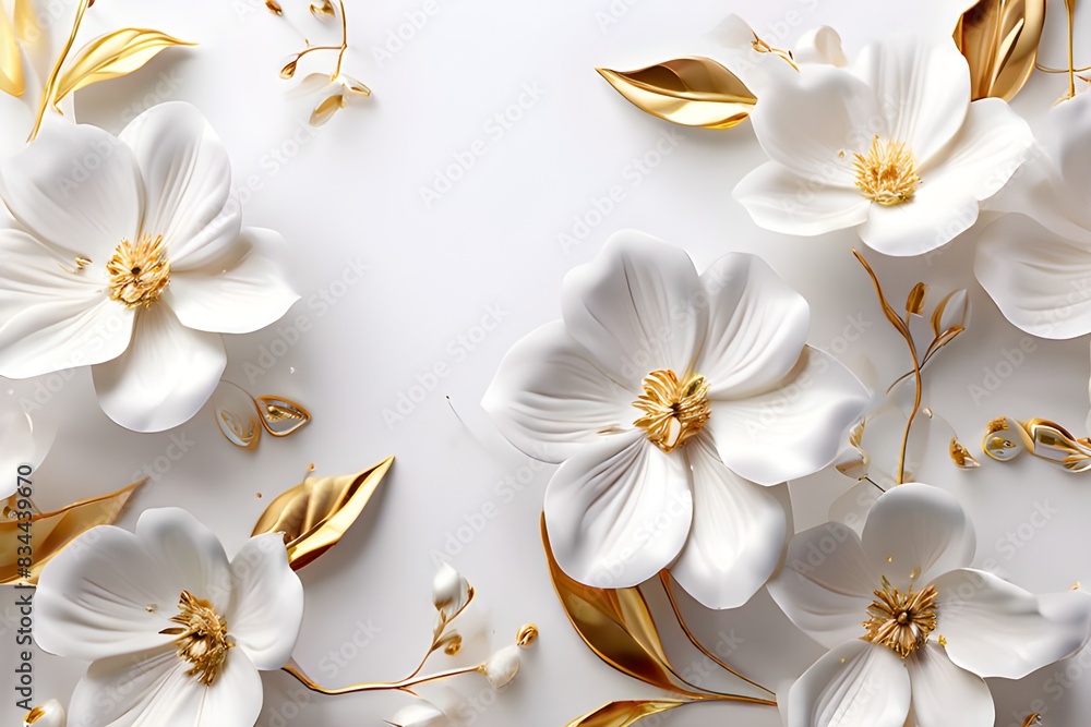 White flowers with golden leaves on white background. White and golden luxury 3d floral background White flowers with golden leaves on white background. White and golden luxury 3d floral background
