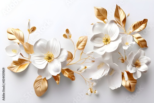 White flowers with golden leaves on white background. White and golden luxury 3d floral background