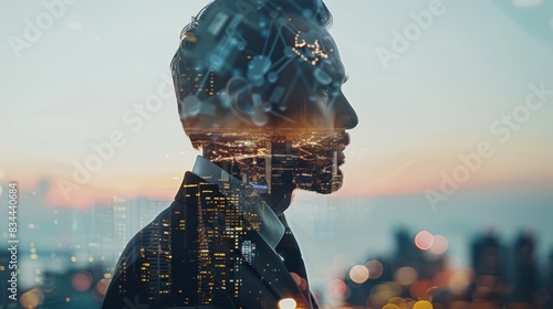 A double exposure portrait of a man with a cityscape superimposed over his face, symbolizing urban life and progress. photo