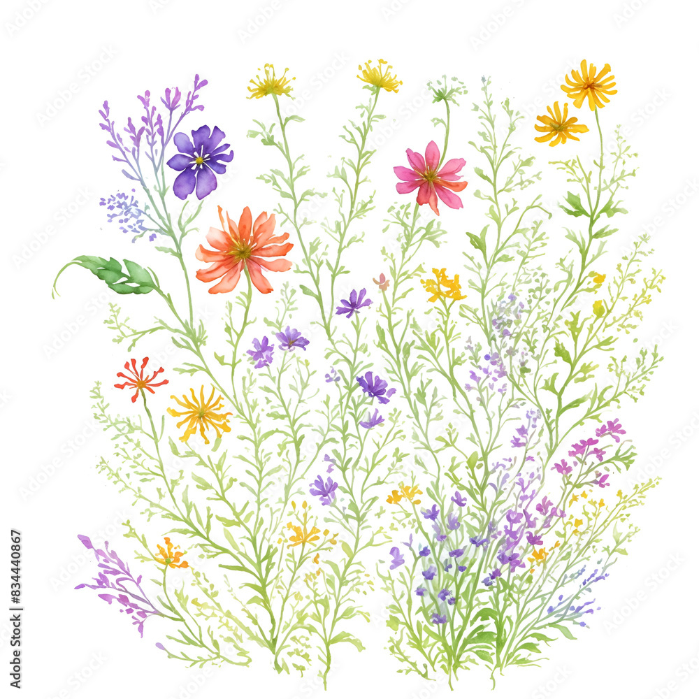 Set watercolor wild flowers, leaves and grass. Collection botanic garden elements. isolated illustration in vintage style