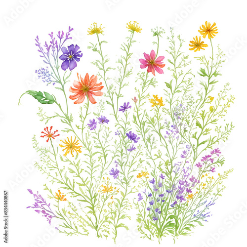 Set watercolor wild flowers  leaves and grass. Collection botanic garden elements. isolated illustration in vintage style