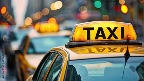 Bright yellow taxi cab in a busy city street for urban transportation and vibrant metropolitan lifestyle concepts