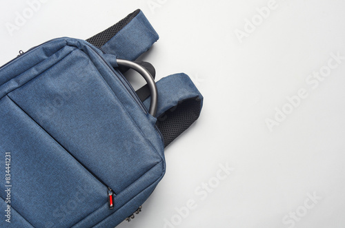 Fabric backpack on white background. Top view