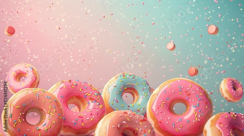 A colorful array of glazed donuts with sprinkles against a pastel background. photo