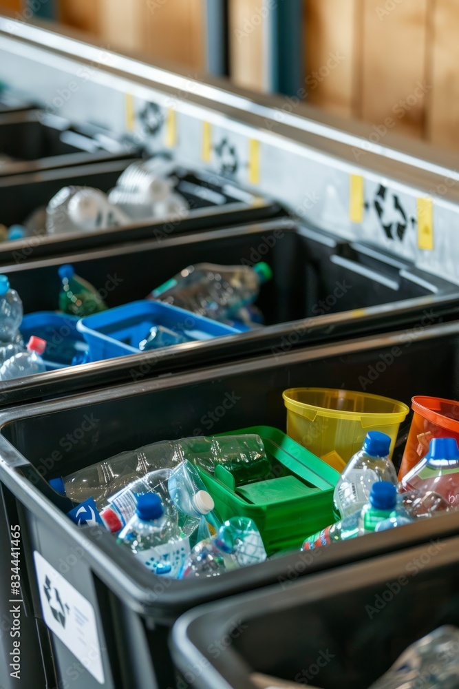 Professional Photography of a recycling station with clearly labeled bins for paper, plastic, glass, and other, Generative AI Professional Photography of a recycling station with clearly labeled bins for paper, plastic, glass, and other, Generative AI