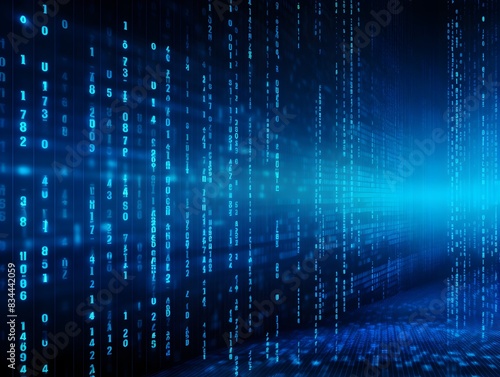 Elegant Blue Coding Background with Flowing Binary Data Stream and Digital Matrix