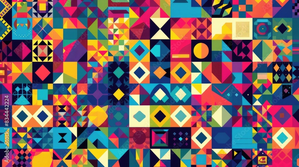 Colorful seamless geometric patterns in pixel art style