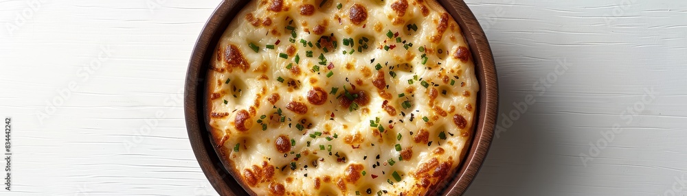 Queso fundido from Mexico presented in a top-down view, set against a white backdrop Queso fundido from Mexico presented in a top-down view, set against a white backdrop
