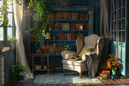Individual setting up a reading corner with books and a comfy chair