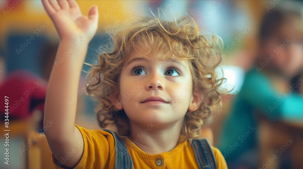 A child with curly hair raising his hand. A child with curly hair raising his hand.