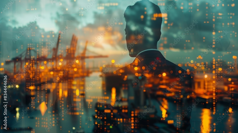 Fototapeta premium A silhouette of a businessman stands against a backdrop of a city skyline, illuminated by the glow of buildings and harbor lights.