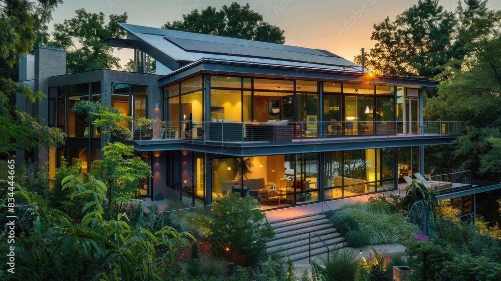 Modern eco-friendly house with solar panels and large glass walls surrounded by trees and landscaped garden at sunset.