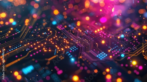 a computer circuit board background with some colorful lights