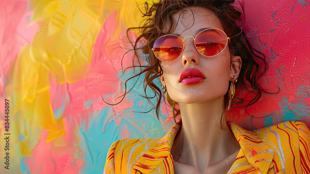Trendy Woman with Sunglasses Posing Against Colorful Graffiti Wall in Vivid Outfit Trendy Woman with Sunglasses Posing Against Colorful Graffiti Wall in Vivid Outfit