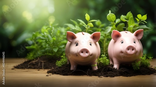 A success story for environmental savings and investments with piggie banks with greenery growing on them and copy space photo