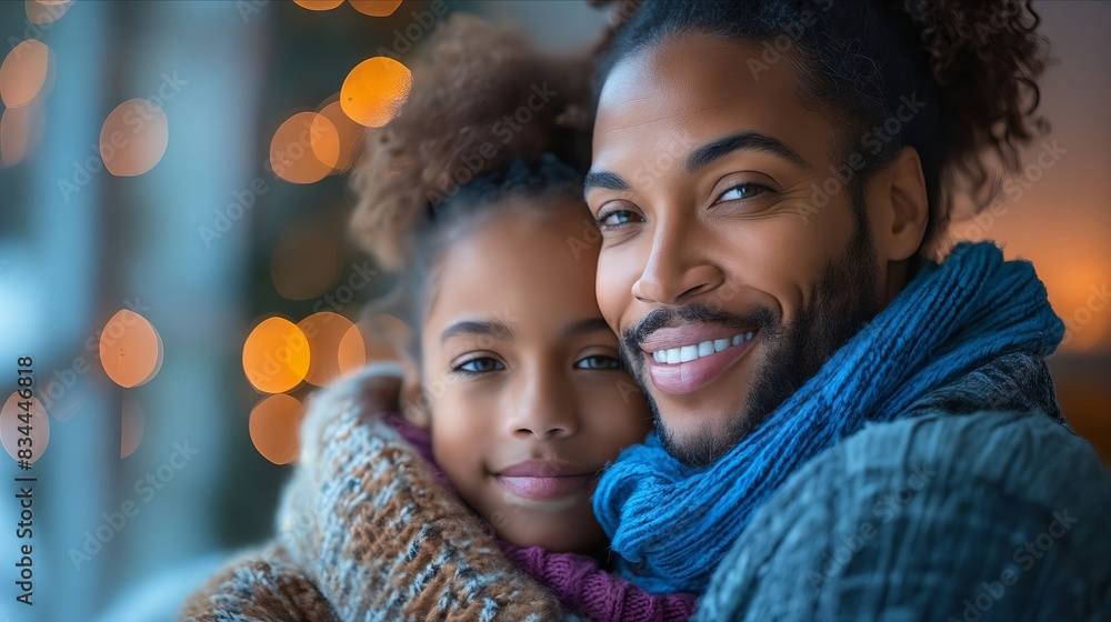 A man and his daughter are smiling in front of christmas lights. A man and his daughter are smiling in front of christmas lights.