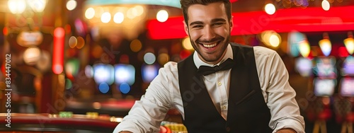 Confident and Welcoming Casino Host Greeting Guests with Genuine Smile