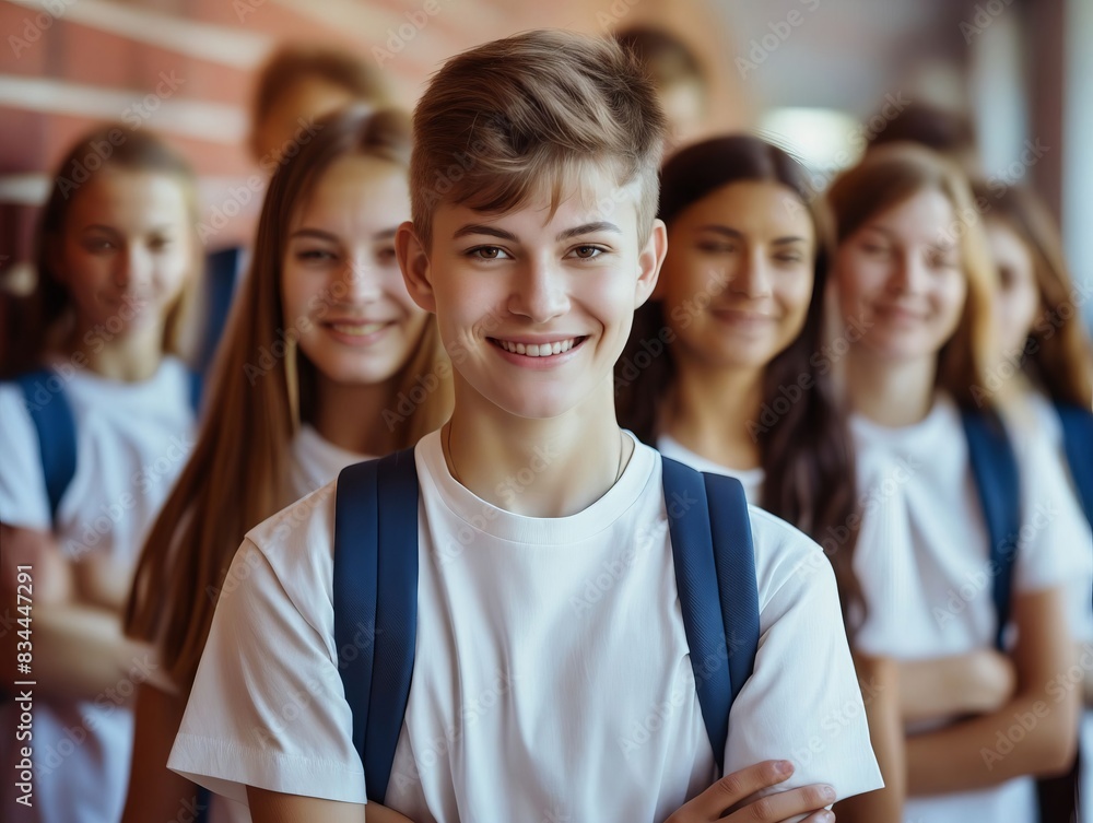 A boy in white shirt and backpack standing in front of a group of students. A boy in white shirt and backpack standing in front of a group of students.