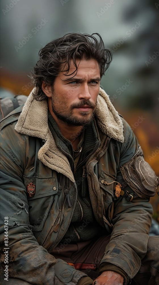 Fototapeta premium A man in an army jacket sitting on a rock.