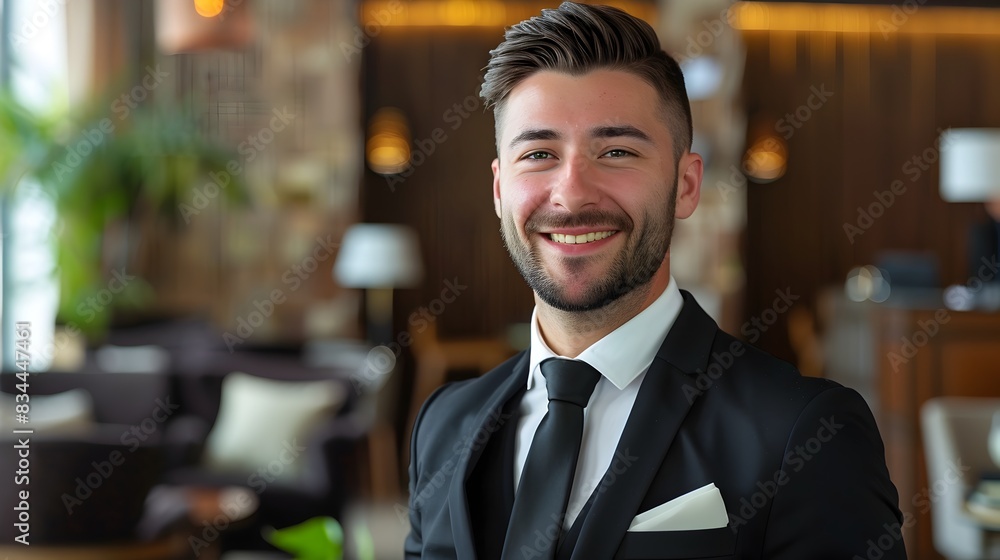 Confident Young Hotel Manager Smiling in Elegant Business Attire Confident Young Hotel Manager Smiling in Elegant Business Attire