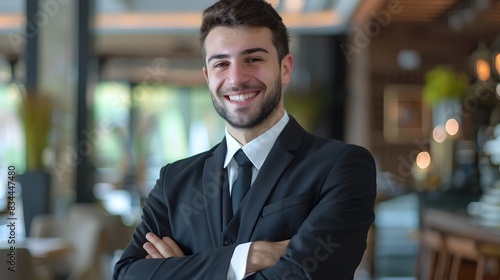 Confident Young Hotel Manager Smiling in Office Environment