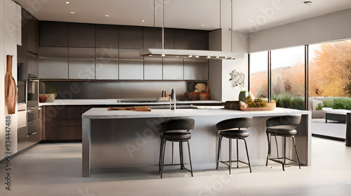 Sleek and Contemporary,Modern Kitchen with Stainless Steel Appliances, Quartz Countertops, and a Stunning Waterfall Island, Kitchen Innovation