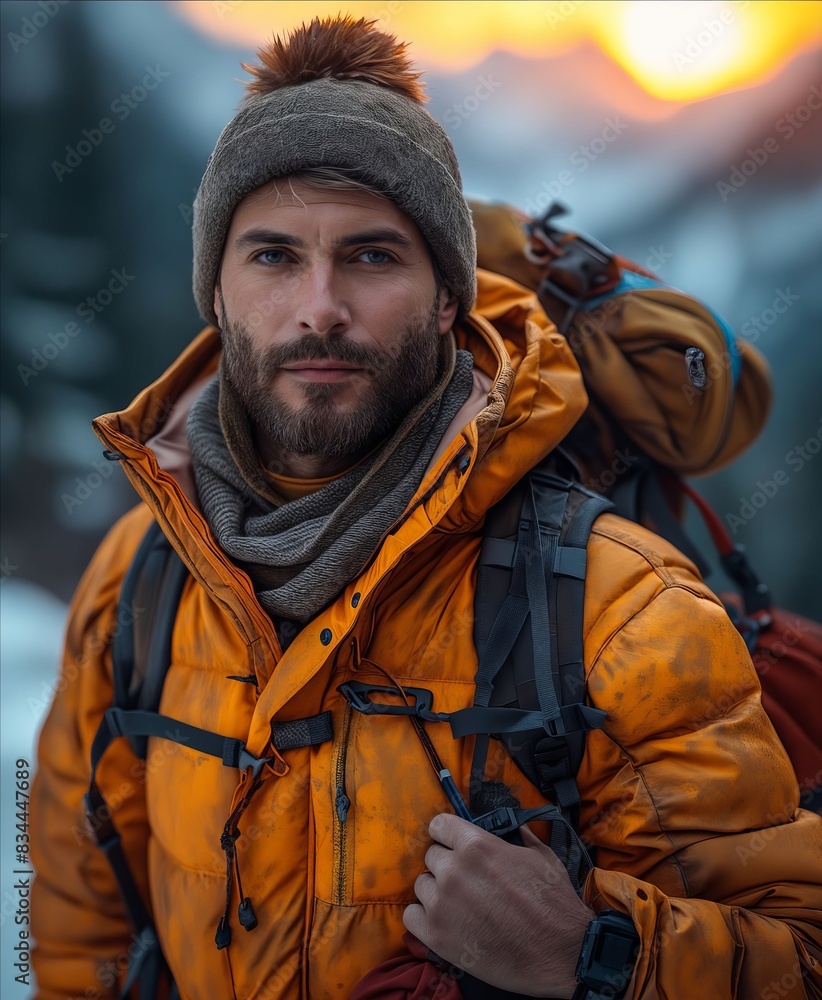 Obraz premium A man in an orange jacket and backpack standing in the snow.