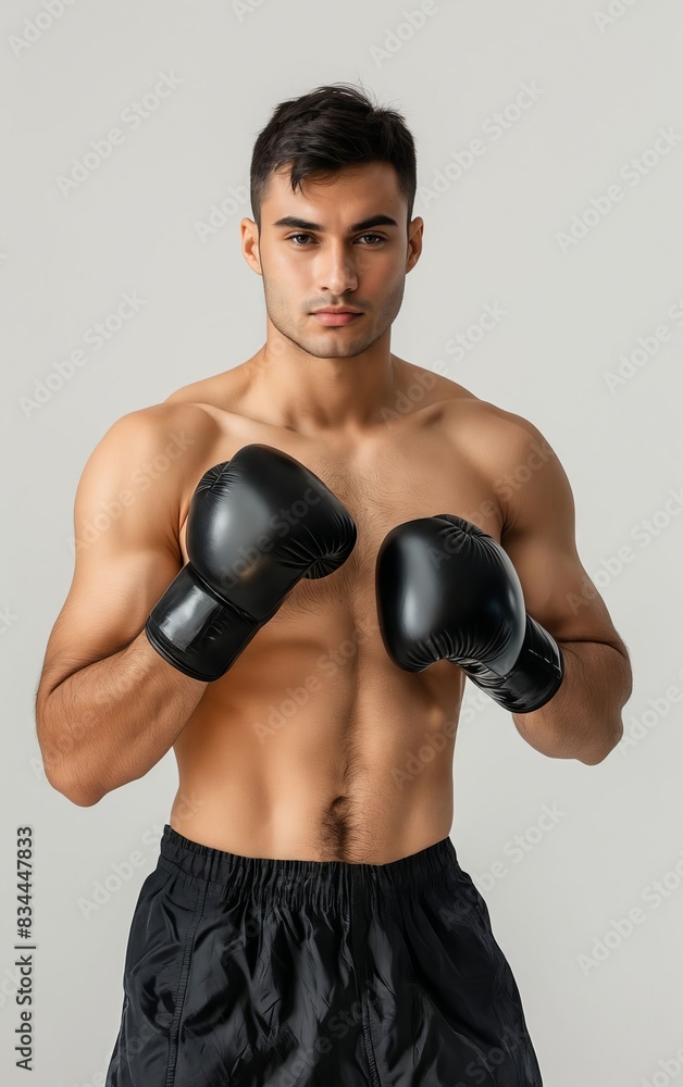 A young man in boxing gloves posing for the camera. A young man in boxing gloves posing for the camera.
