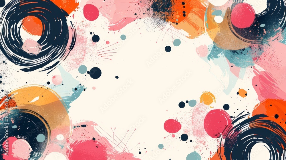 Obraz premium Abstract colorful background with brushstrokes and dots around a white center space.