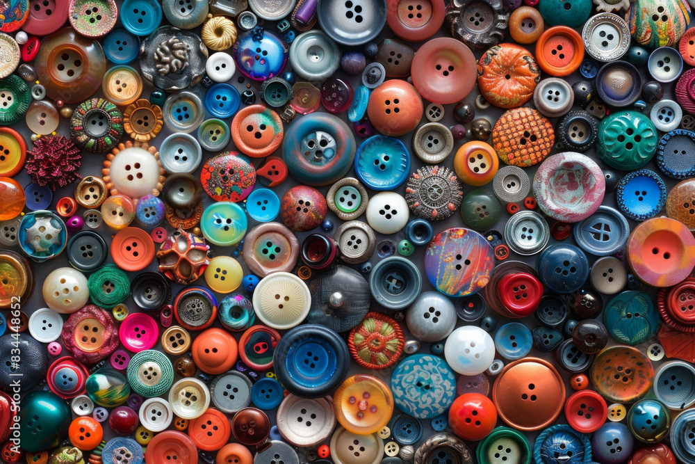 A densely packed collection of buttons in various shapes, sizes, and colors, covering the entire frame. The buttons range from simple round ones to ornate designs, with hues spanning the rainbow. A densely packed collection of buttons in various shapes, sizes, and colors, covering the entire frame. The buttons range from simple round ones to ornate designs, with hues spanning the rainbow.