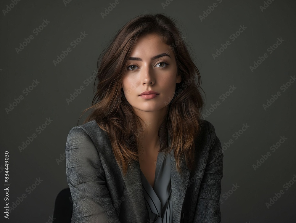 A woman in a black suit sitting in tan chair. A woman in a black suit sitting in tan chair.
