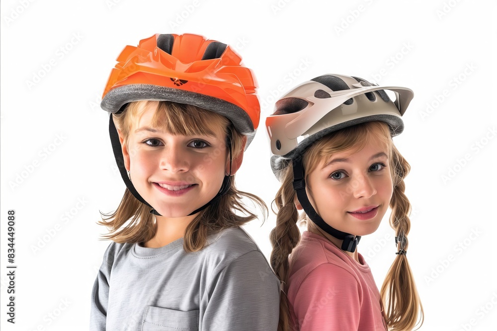 Two children wearing helmets on a white background. Two children wearing helmets on a white background.