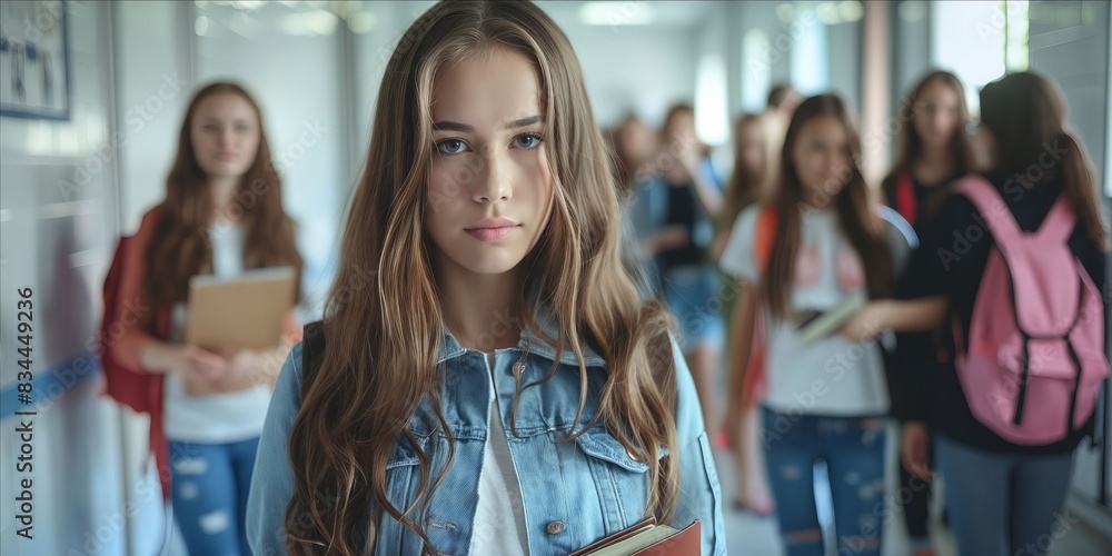 A young girl in a school hallway. A young girl in a school hallway.