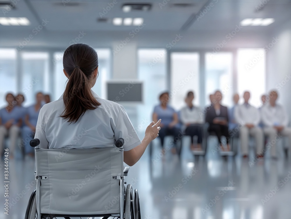 A woman in a wheelchair is sitting in front of a group of people. A woman in a wheelchair is sitting in front of a group of people.