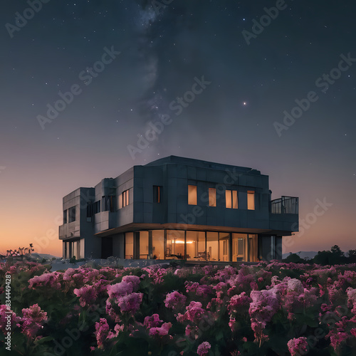 nighttime view of a house with a field of flowers in front of it