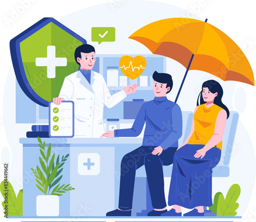 Healthcare and Medical Insurance Concept Illustration. A Male Doctor Explains Insurance Coverage to a Young Patient Couple