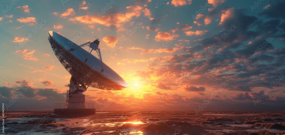 A large satellite dish pointed towards the sky at sunset, with a dramatic and colorful sky background, reflecting on a wet surface. A large satellite dish pointed towards the sky at sunset, with a dramatic and colorful sky background, reflecting on a wet surface.