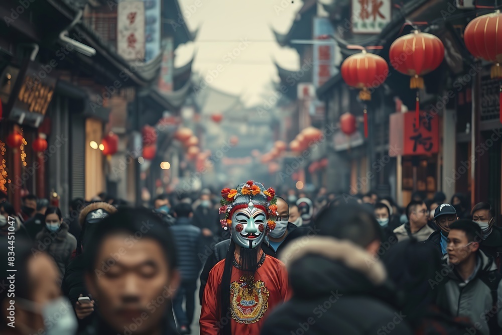 Naklejka premium A street filled with people wearing masks and costumes for Chinese New Year